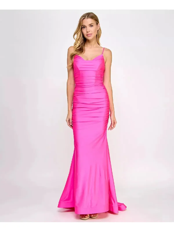 Warehouse Sale B DARLIN Womens Pink Zippered Fitted Shirred Small Train Spaghetti Strap Cowl Neck Full-Length Prom Gown Dress Warehouse Sale B DARLIN Womens Pink Zippered Fitted Shirred Small Train Spaghetti Strap Cowl Neck Full-Length Prom Gown Dress