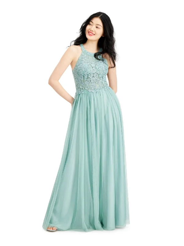 Massive Deals SPEECHLESS Womens Turquoise Embroidered Embellished Lace Gown Sleeveless Halter Full-Length Prom Dress