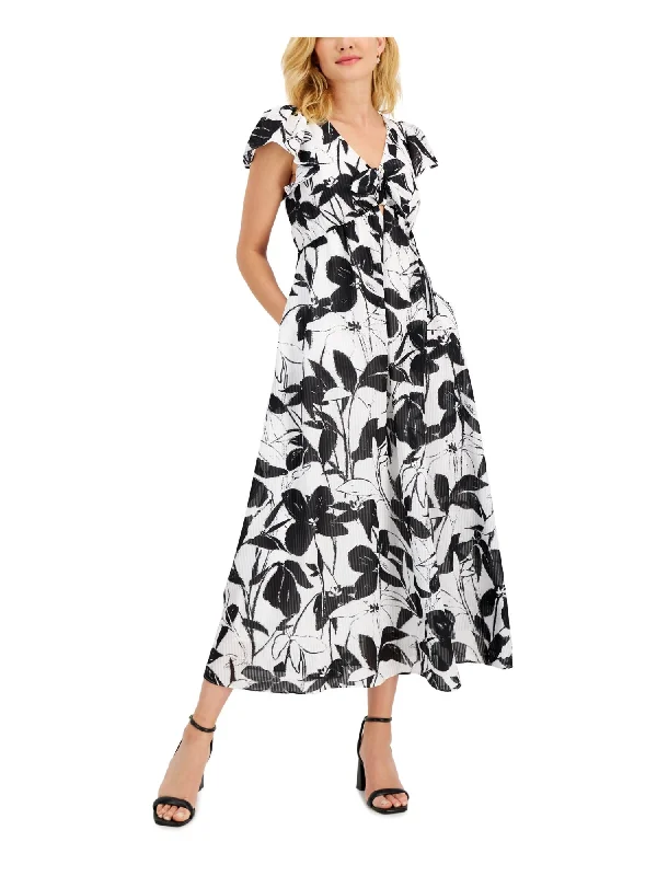 Online Only TAYLOR PETITE Womens Ivory Smocked Cut Out Bow Detail Lined Sheer Pullover Floral V Neck Maxi Empire Waist Dress Online Only TAYLOR PETITE Womens Ivory Smocked Cut Out Bow Detail Lined Sheer Pullover Floral V Neck Maxi Empire Waist Dress