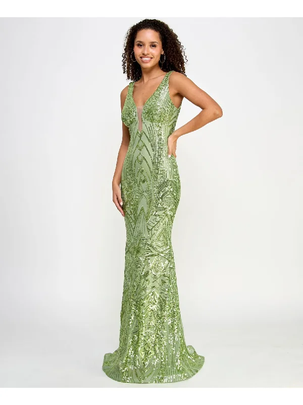 Mega Deal MORGAN & CO Womens Green Sequined Lined Zippered Illusion Neckline Sleeveless V Neck Full-Length Formal Gown Dress Mega Deal MORGAN & CO Womens Green Sequined Lined Zippered Illusion Neckline Sleeveless V Neck Full-Length Formal Gown Dress