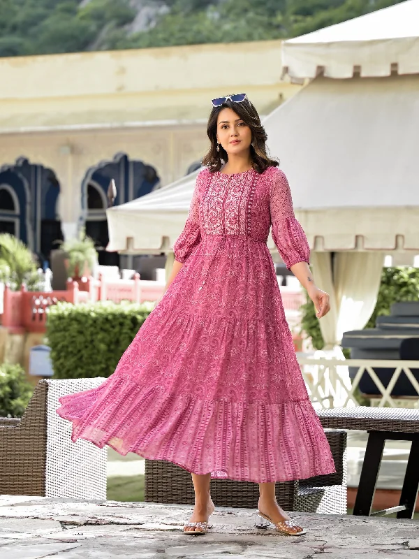 Deal Dash Onion Pink Ethnic Motif Printed Georgette Gathers Maxi Dress With Sequins & Doris Deal Dash Onion Pink Ethnic Motif Printed Georgette Gathers Maxi Dress With Sequins & Doris