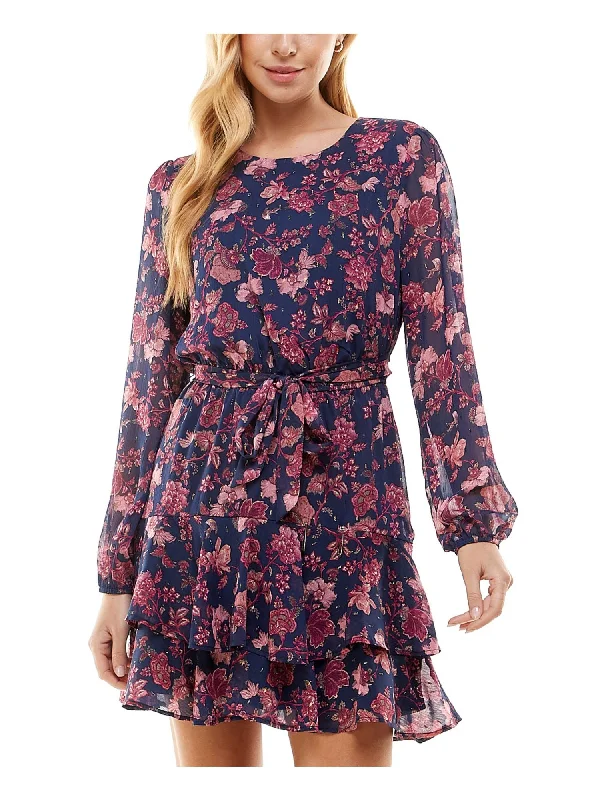 Best Bargains CITY STUDIO Womens Navy Ruffled Lined Keyhole Back Self-tie Belt Floral Blouson Sleeve Crew Neck Short Party Fit + Flare Dress Best Bargains CITY STUDIO Womens Navy Ruffled Lined Keyhole Back Self-tie Belt Floral Blouson Sleeve Crew Neck Short Party Fit + Flare Dress