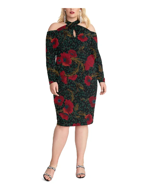 Take Advantage RACHEL RACHEL ROY Womens Black Cold Shoulder Zippered Keyhole Printed Long Sleeve Halter Knee Length Evening Sheath Dress
