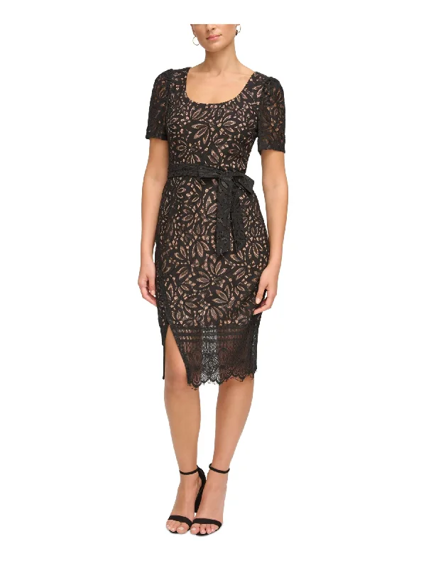 Savings Spectacular KENSIE DRESSES Womens Black Zippered Slitted Sheer Lined Tie Belt Fringed Floral Short Sleeve Scoop Neck Below The Knee Party Sheath Dress Savings Spectacular KENSIE DRESSES Womens Black Zippered Slitted Sheer Lined Tie Belt Fringed Floral Short Sleeve Scoop Neck Below The Knee Party Sheath Dress