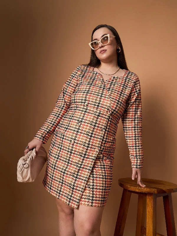 Deal of the Day Women Peach Multi Houndstooth Blazer Dress