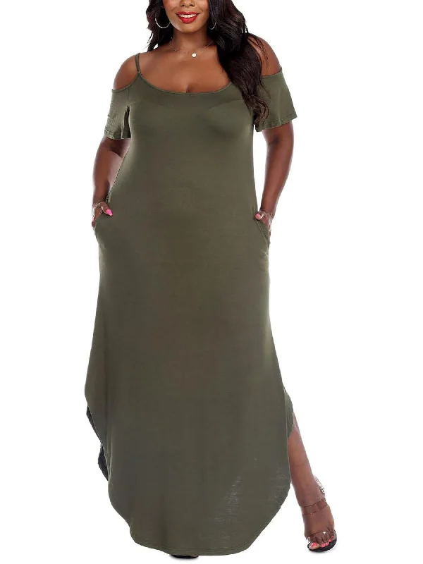 Early Access WHITE MARK Womens Green Cold Shoulder Pocketed Side-slits Curved Hem Pullover Short Sleeve Scoop Neck Maxi Party Shift Dress Early Access WHITE MARK Womens Green Cold Shoulder Pocketed Side-slits Curved Hem Pullover Short Sleeve Scoop Neck Maxi Party Shift Dress