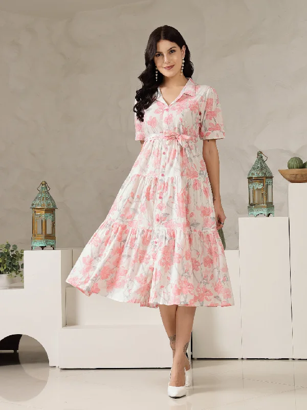 Today’s Deal Pastel Pink Floral Printed Cotton Flared Dress