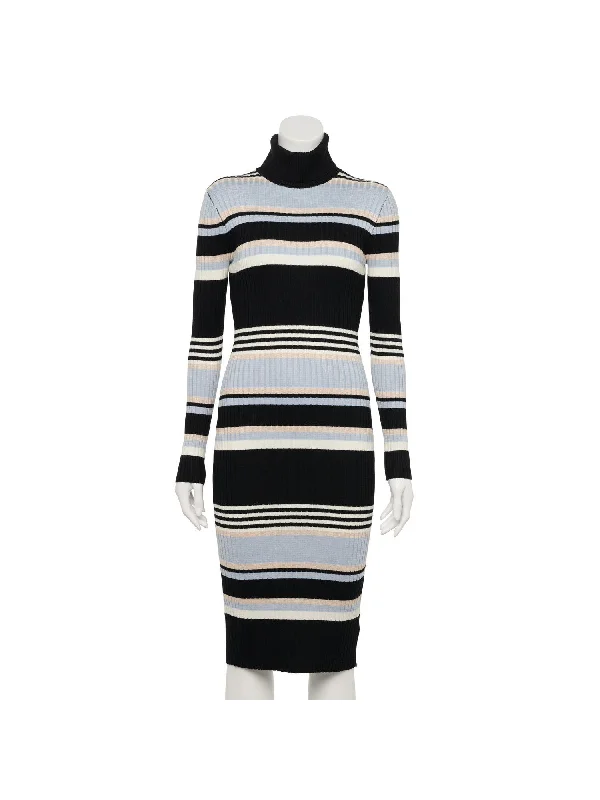 Exclusive Deal ALMOST FAMOUS Womens Black Stretch Ribbed Fitted Unlined Pullover Styling Striped Long Sleeve Turtle Neck Midi Wear To Work Body Con Dress