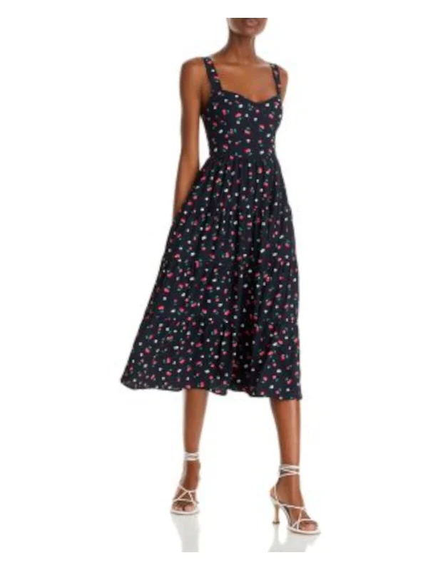 Bonus Savings AQUA Womens Navy Lined Smocked Back Tiered Skirt Printed Sleeveless Sweetheart Neckline Midi Fit + Flare Dress