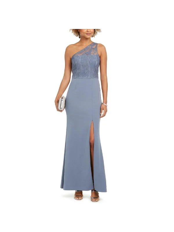 Deep Discounts ADRIANNA PAPELL Womens Light Blue Slitted Lace Asymmetrical Neckline Full-Length Evening Dress Deep Discounts ADRIANNA PAPELL Womens Light Blue Slitted Lace Asymmetrical Neckline Full-Length Evening Dress