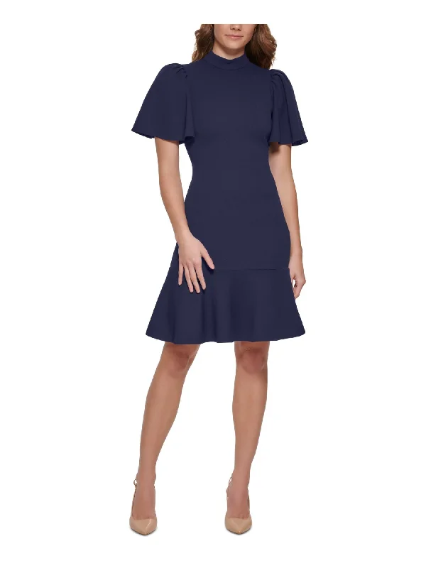 Lowest Prices CALVIN KLEIN Womens Navy Zippered Unlined Flare Sleeve Flounce Hem Mock Neck Above The Knee Wear To Work Sheath Dress Lowest Prices CALVIN KLEIN Womens Navy Zippered Unlined Flare Sleeve Flounce Hem Mock Neck Above The Knee Wear To Work Sheath Dress