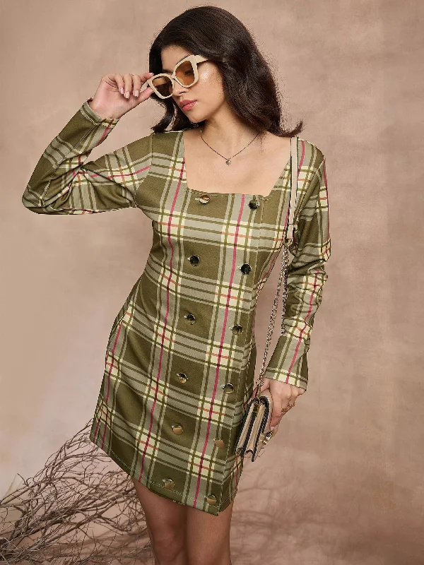 Midnight Sale Women Green Check Front Button Short Dress