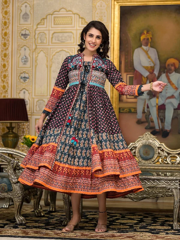 Exclusive Access Black Ethnic Motif Printed Cotton Dress With Coins Thread & Mirror Work Exclusive Access Black Ethnic Motif Printed Cotton Dress With Coins Thread & Mirror Work