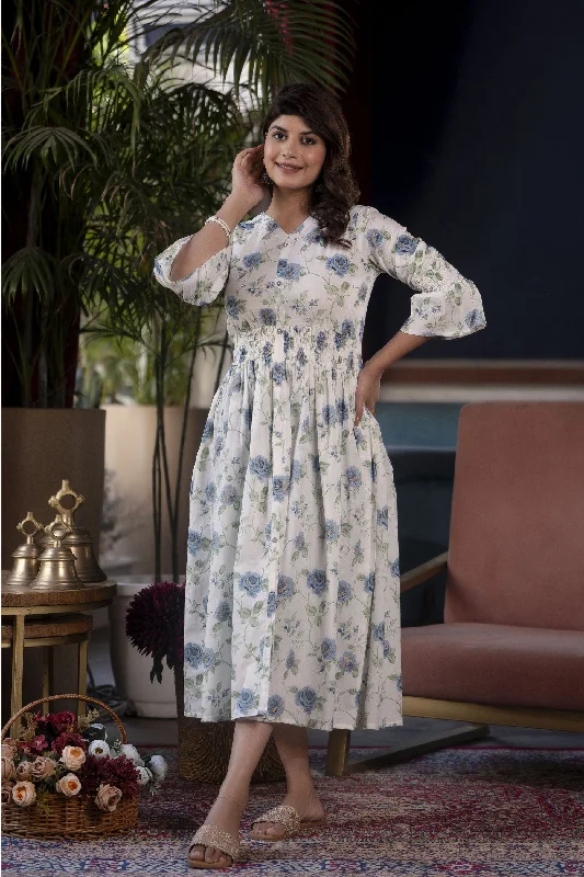 Extra Discounts Women White Floral Printed Flared Dress