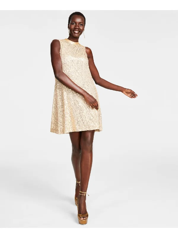 Deal of the Day KENSIE DRESSES Womens Beige Sequined Lined Ribbon Tie Sleeveless Mock Neck Short Cocktail Shift Dress Deal of the Day KENSIE DRESSES Womens Beige Sequined Lined Ribbon Tie Sleeveless Mock Neck Short Cocktail Shift Dress