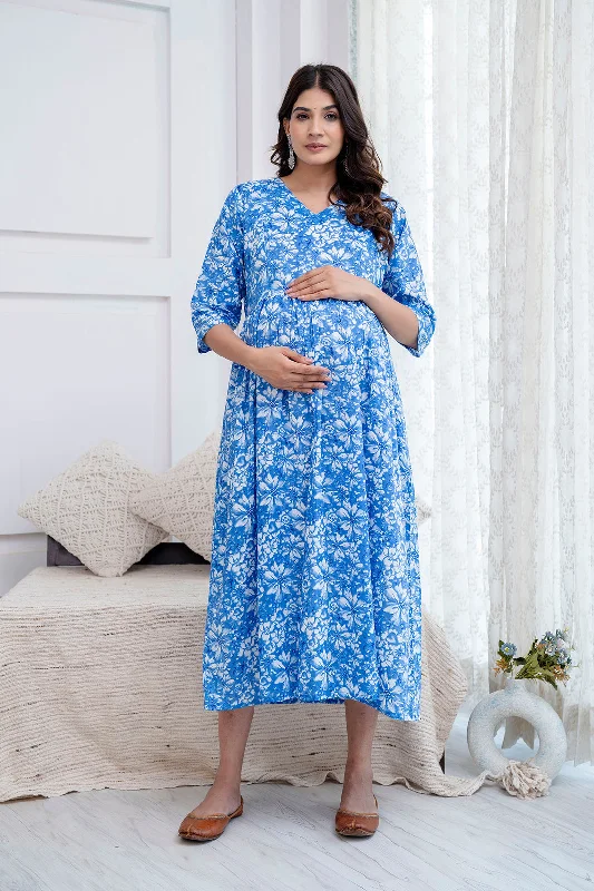 Time-Limited Offer Blue Printed Maternity Dress For Women