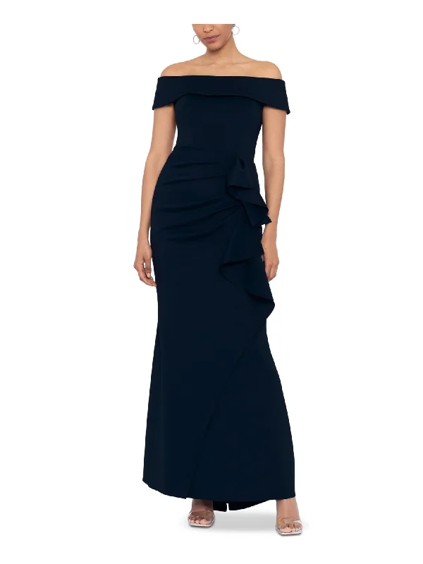 Sale Event XSCAPE Womens Navy Zippered Ruffled Lined Faux Wrap Short Sleeve Off Shoulder Full-Length Evening Gown Dress Sale Event XSCAPE Womens Navy Zippered Ruffled Lined Faux Wrap Short Sleeve Off Shoulder Full-Length Evening Gown Dress