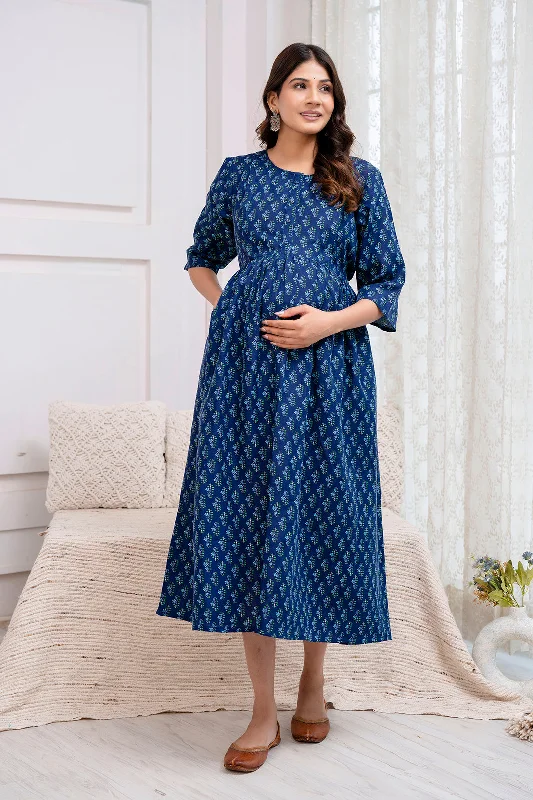 Year-End Sale Blue Printed Maternity Dress For Women