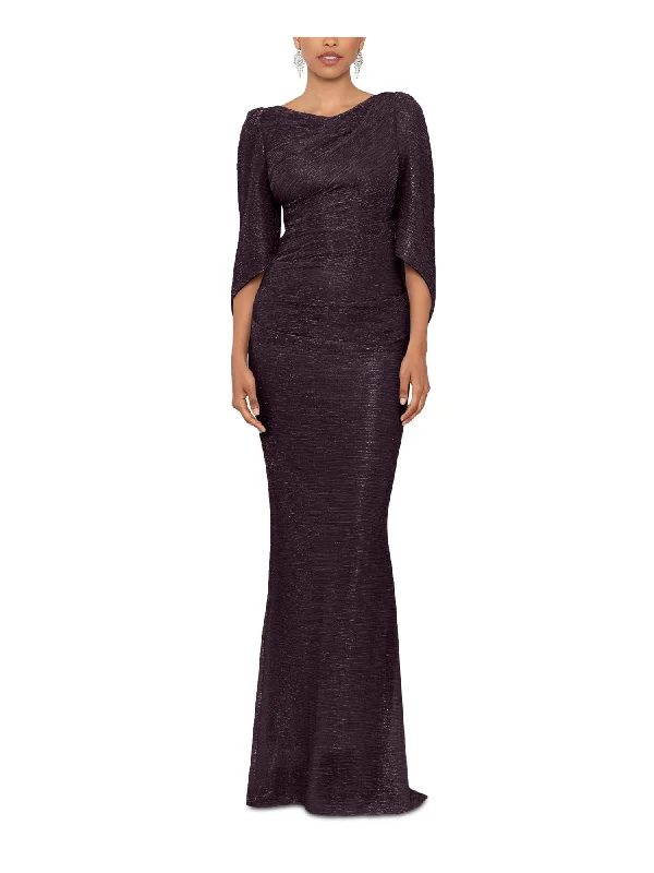 Amazing Deals BETSY & ADAM Womens Purple Pleated Zippered Cape-style Drape Back Sleeves Cowl Neck Full-Length Formal Gown Dress
