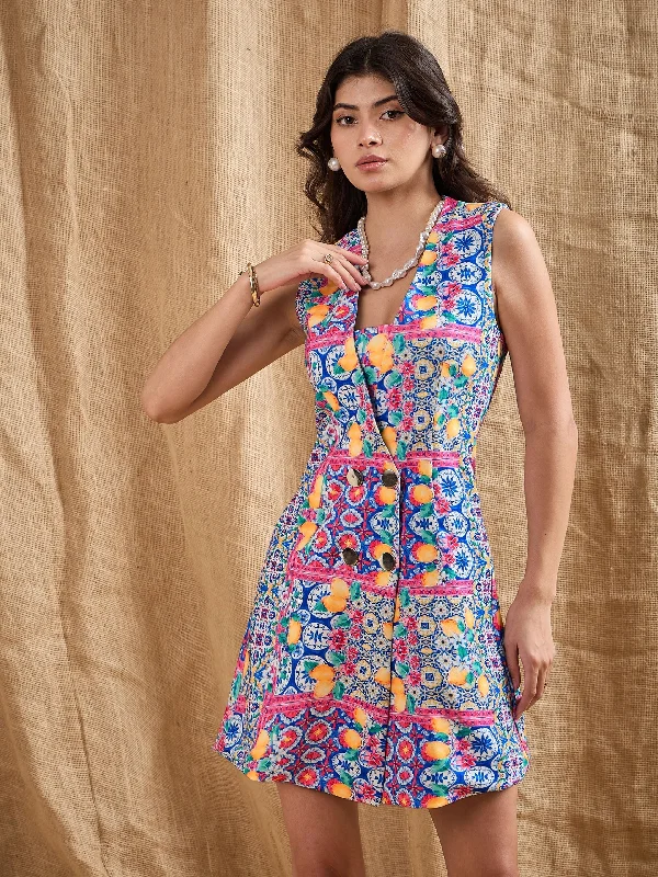 Overstock Sale Women Blue Printed Double Breast Sleeveless Blazer Dress