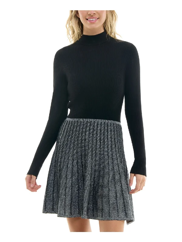 Price Smash BCX DRESS Womens Black Knit Metallic Ribbed Pleat Skirt Pullover Color Block Long Sleeve Mock Neck Short Party Fit + Flare Dress