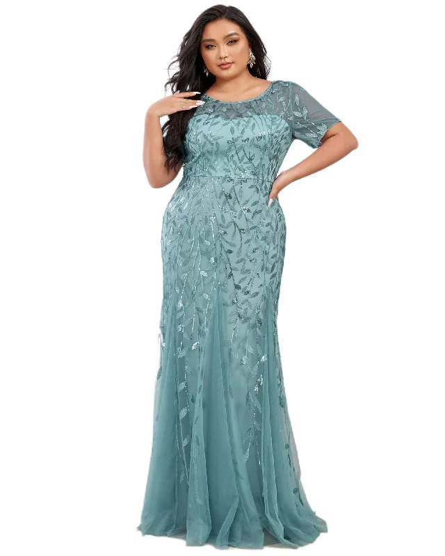Price Meltdown Floral Sequin Mermaid Tulle Evening Dress | Dusty Blue