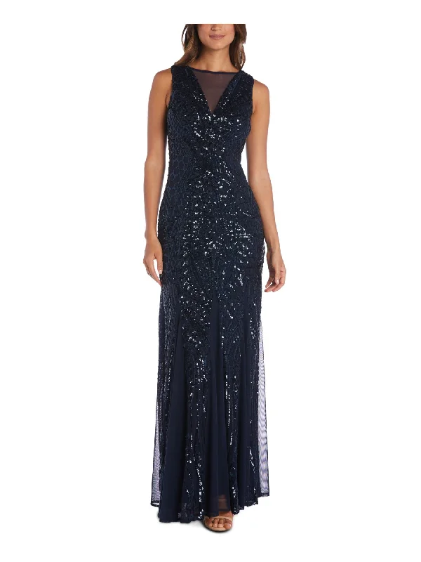 Bargain Prices NIGHTWAY Womens Navy Sequined Zippered Mesh Gown Sleeveless Illusion Neckline Maxi Evening Dress