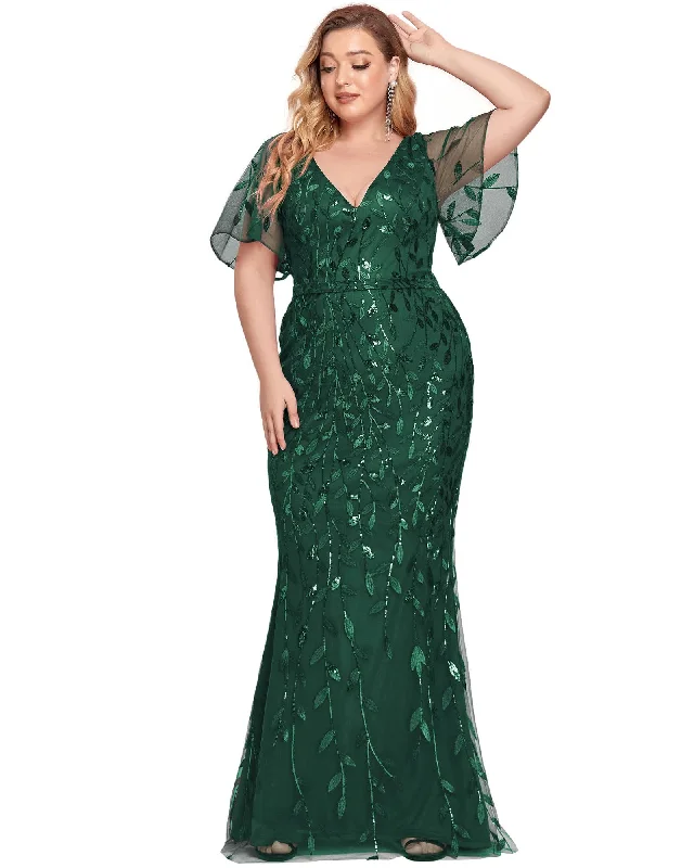 Special Price Shiny V Neck Leaf-Sequined Bodycon Formal Evening Dresses | Dark Green
