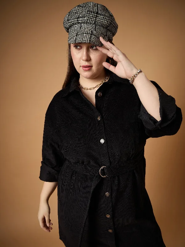 Super Sale Women Black Corduroy Front Button Dress
