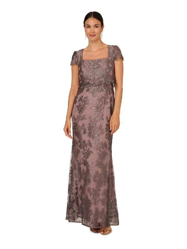 Exclusive Offers ADRIANNA PAPELL Womens Brown Zippered Lined Scalloped Popover Bodice Cap Sleeve Square Neck Full-Length Formal Gown Dress Exclusive Offers ADRIANNA PAPELL Womens Brown Zippered Lined Scalloped Popover Bodice Cap Sleeve Square Neck Full-Length Formal Gown Dress