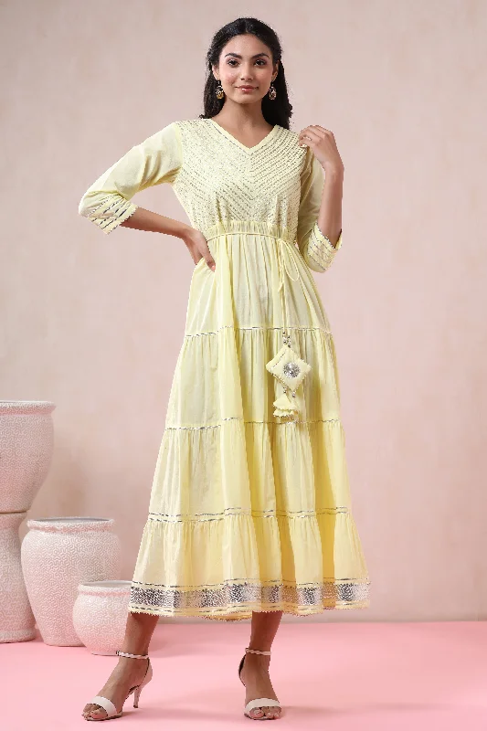 New Arrival Women Yellow Cambric Solid Dress