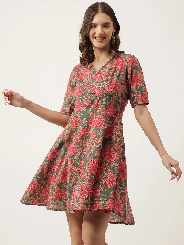 New Deals Grey Pink Floral Printed Cotton Fit & Flare Dress