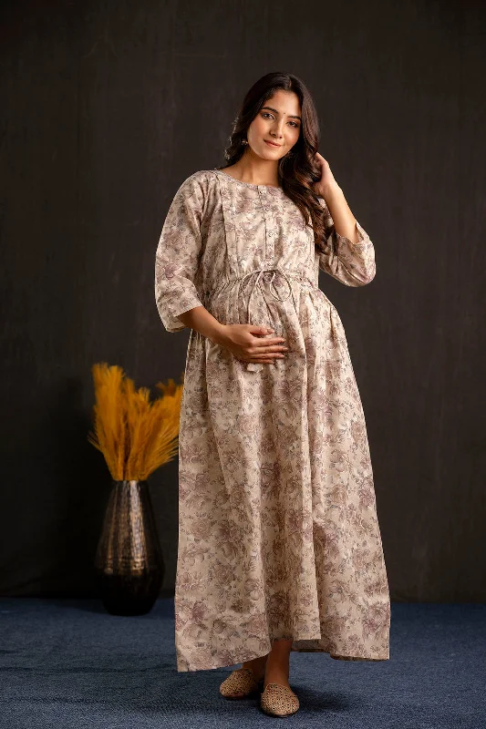 Act Now Women Beige Printed Flared Maternity Dress