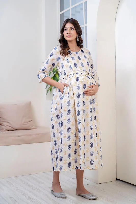 Low Prices Women Off White Printed Flared Maternity Dress