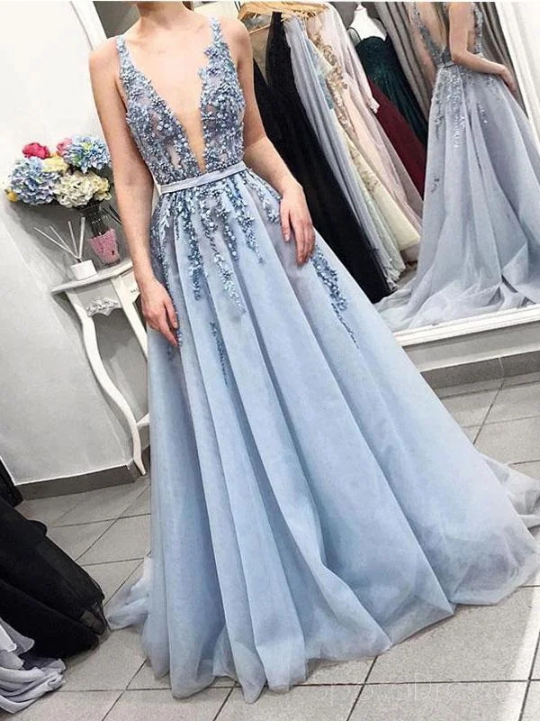 Deep Discounts Sexy Backless Deep V Neck Dusty Blue Lace Long Evening Prom Dresses, Cheap Sweet 16 Dresses, 18438
