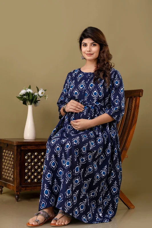 Exclusive Savings Navy Blue Printed Maternity Dress For Women