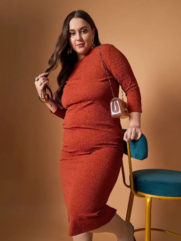 Deep Discounts Women Rust Glitter Bodycon High Neck Dress