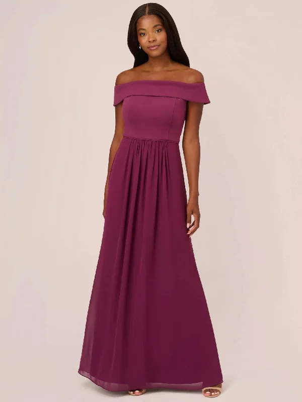 Bargain Bin ADRIANNA PAPELL Womens Burgundy Zippered Lined Foldover Neckline Chiffon Skirt Cap Sleeve Off Shoulder Full-Length Evening Gown Dress Bargain Bin ADRIANNA PAPELL Womens Burgundy Zippered Lined Foldover Neckline Chiffon Skirt Cap Sleeve Off Shoulder Full-Length Evening Gown Dress