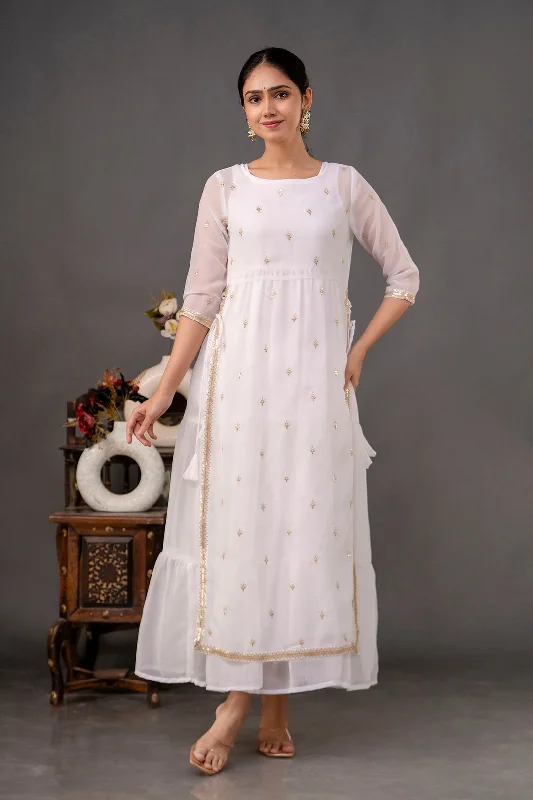 Overstock Women White Embroidered Flared Dress with Jacket