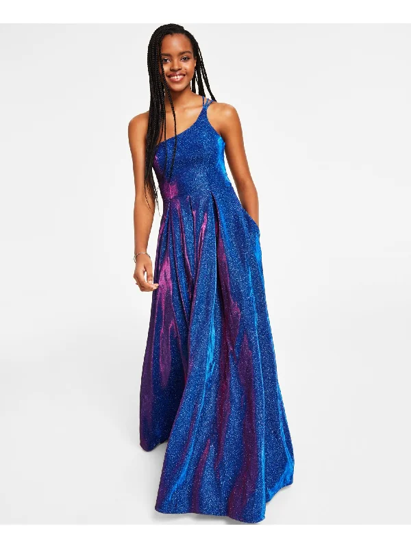 Today's Special B DARLIN Womens Blue Pleated Zippered Open Strappy Back Lined Spaghetti Strap Asymmetrical Neckline Full-Length Formal Gown Dress Today's Special B DARLIN Womens Blue Pleated Zippered Open Strappy Back Lined Spaghetti Strap Asymmetrical Neckline Full-Length Formal Gown Dress