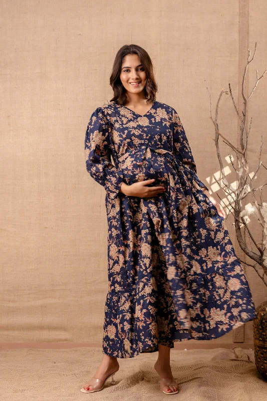 Shop and Save Women Navy Blue Printed Flared Maternity Dress