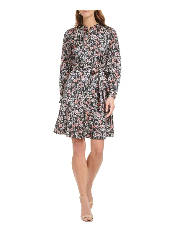 Price Cut TOMMY HILFIGER Womens Black Zippered Button Top Self-tie Belt Floral Cuffed Sleeve Split Above The Knee Wear To Work Fit + Flare Dress Price Cut TOMMY HILFIGER Womens Black Zippered Button Top Self-tie Belt Floral Cuffed Sleeve Split Above The Knee Wear To Work Fit + Flare Dress