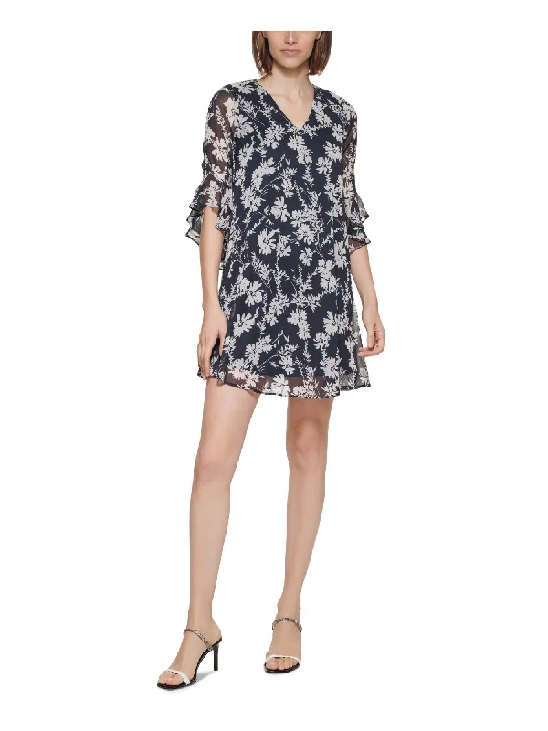 Buy Now CALVIN KLEIN Womens Navy Lined Ruffled Keyhole Floral Bell Sleeve V Neck Short Shift Dress