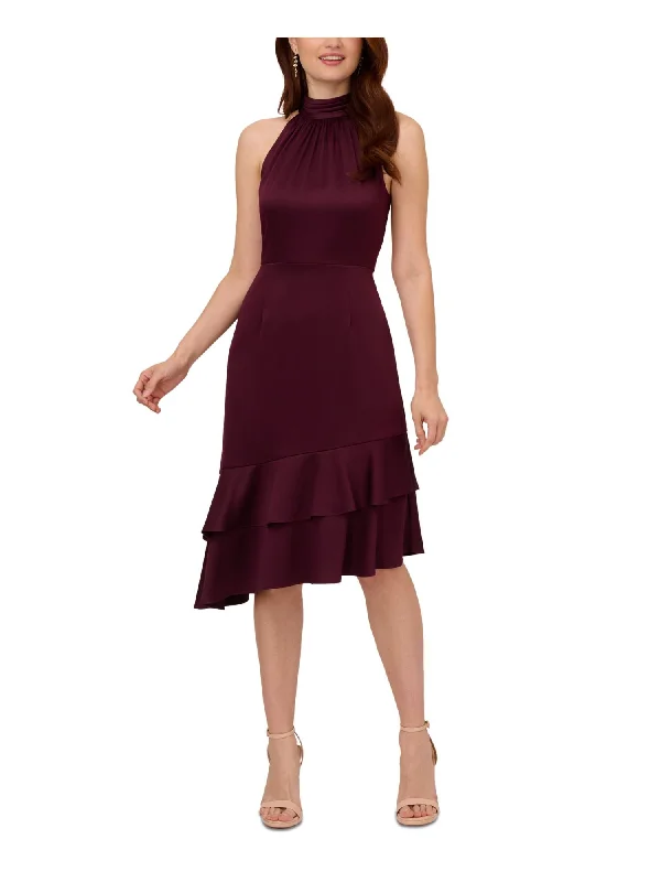 Today Only ADRIANNA PAPELL Womens Purple Ruched Zippered Double Ruffled Asymmetric Hem Sleeveless Halter Below The Knee Party Fit + Flare Dress Today Only ADRIANNA PAPELL Womens Purple Ruched Zippered Double Ruffled Asymmetric Hem Sleeveless Halter Below The Knee Party Fit + Flare Dress