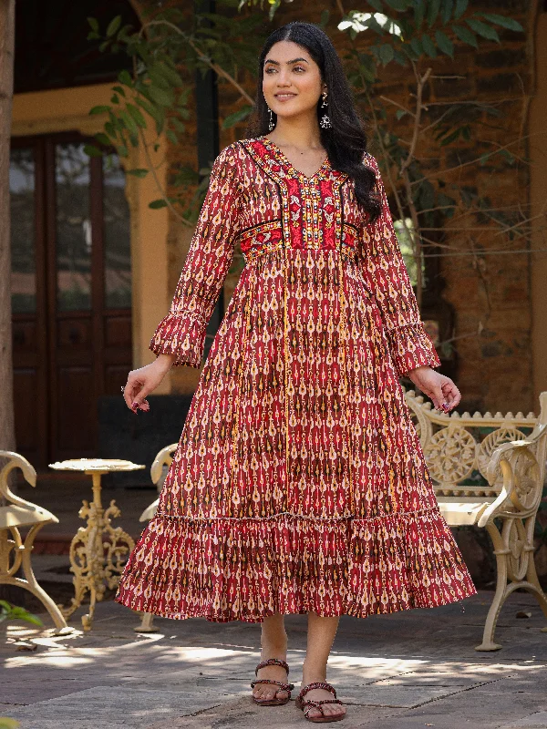 Super Bargain Women Maroon Cotton Printed Dress