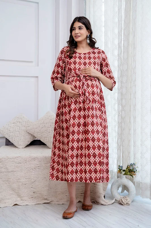 Limited Availability Fab Maroon Printed Maternity Dress For Women