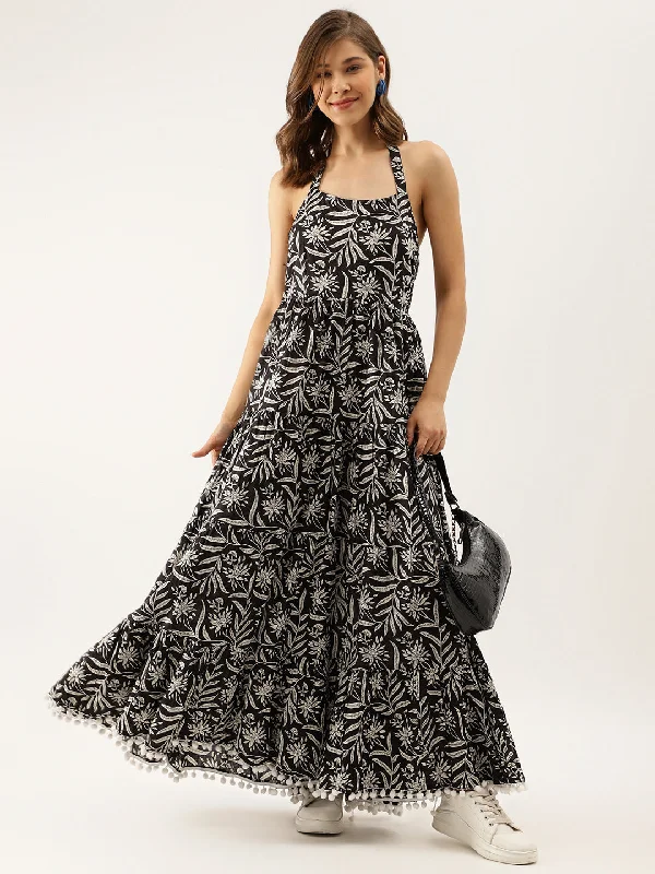 Can't Miss Women Black Floral Printed Cotton Ethnic Dress