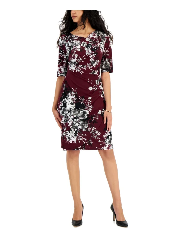 Bargain Prices CONNECTED APPAREL Womens Burgundy Pleated Pullover Lined Bodice Wrap Look Floral Elbow Sleeve Asymmetrical Neckline Knee Length Wear To Work Fit + Flare Dress Bargain Prices CONNECTED APPAREL Womens Burgundy Pleated Pullover Lined Bodice Wrap Look Floral Elbow Sleeve Asymmetrical Neckline Knee Length Wear To Work Fit + Flare Dress