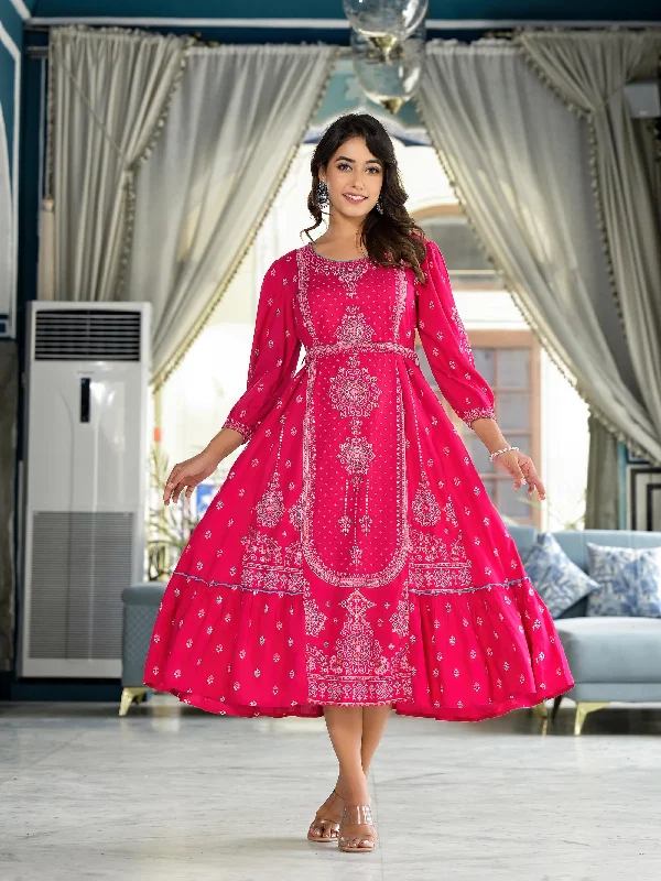 Instant Discount Fuchsia Ethnic Motif Printed Liva Rayon A-Lined Tiered Dress With Belt Instant Discount Fuchsia Ethnic Motif Printed Liva Rayon A-Lined Tiered Dress With Belt