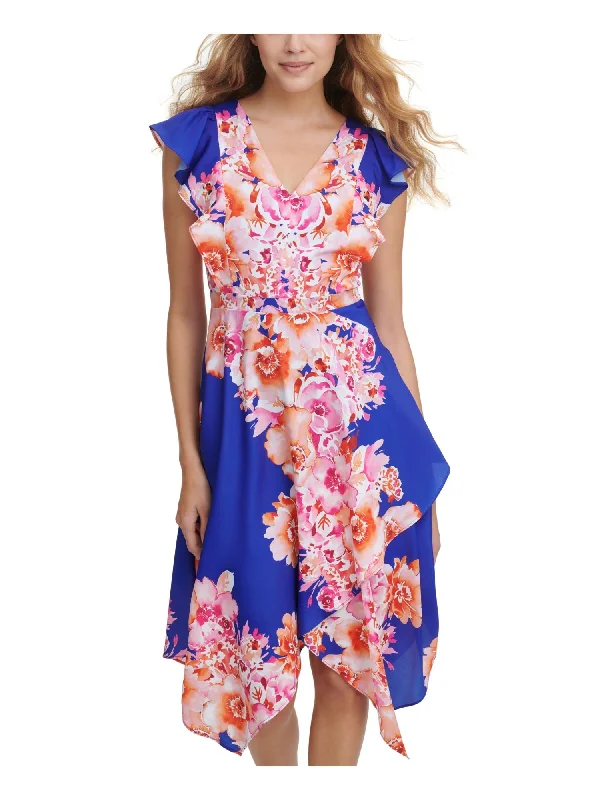 Super Deal KENSIE DRESSES Womens Blue Zippered Ruffled Asymmetrical-hem Floral Flutter Sleeve V Neck Midi Party Fit + Flare Dress Super Deal KENSIE DRESSES Womens Blue Zippered Ruffled Asymmetrical-hem Floral Flutter Sleeve V Neck Midi Party Fit + Flare Dress